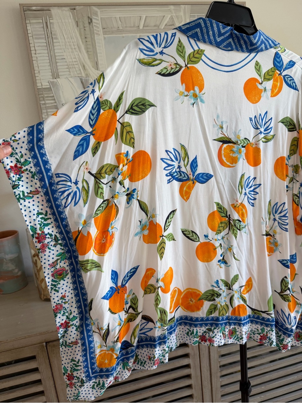 John Mark White Blouse with Orange & Blue Floral Trim - Picture 2 of 4